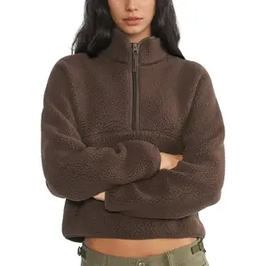 Women's Fleece Sweatshirts Cropped Half Zip Fuzzy Warm Sherpa Pullover Varsity Jackets with Zipper Pockets