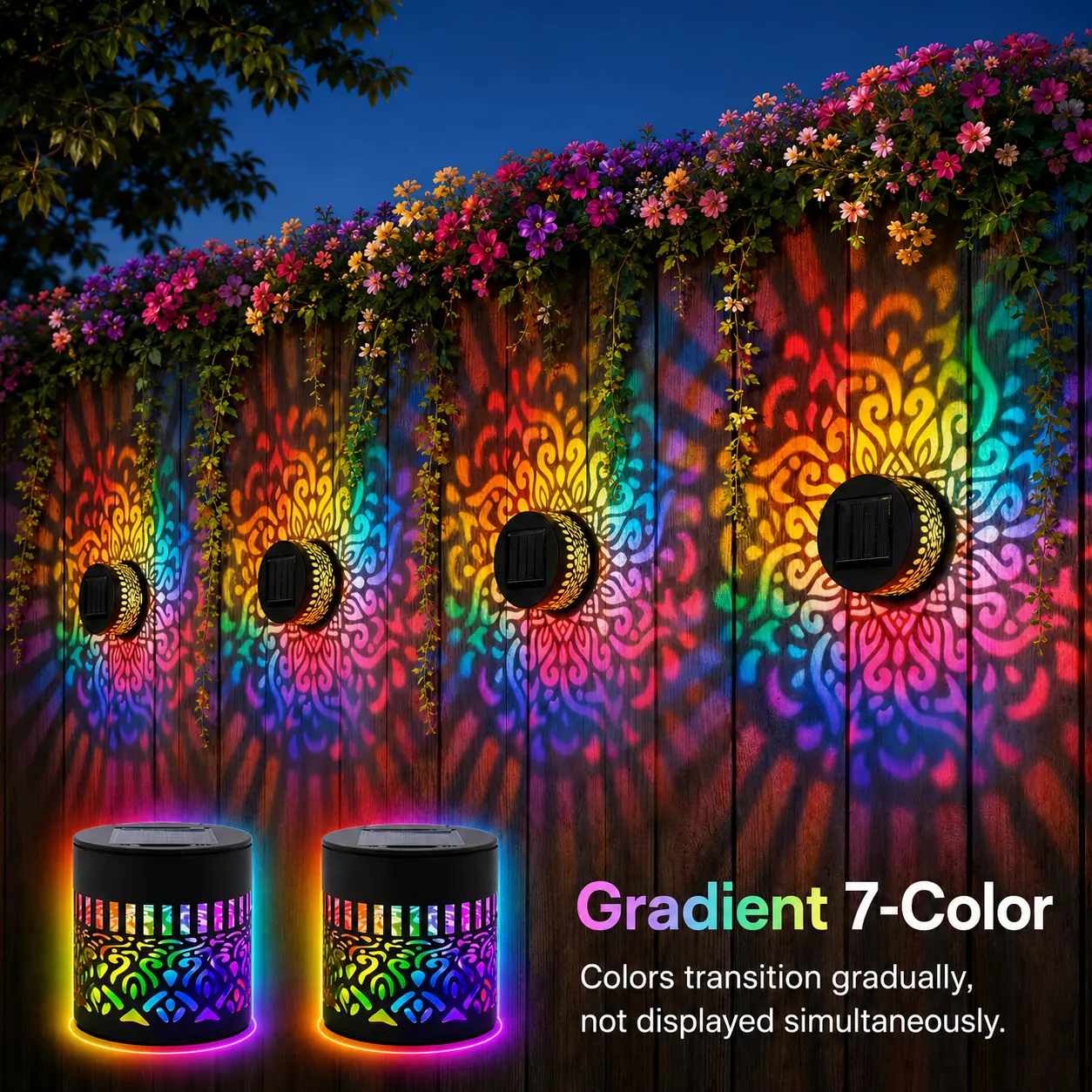 2026 New 7-Color Changing Solar Mandala Projection Outdoor Wall Lights, 36V Waterproof Decorative Lamp with Batteries, Yes to Durability, for Garden, Patio, Water Resistant, Cells