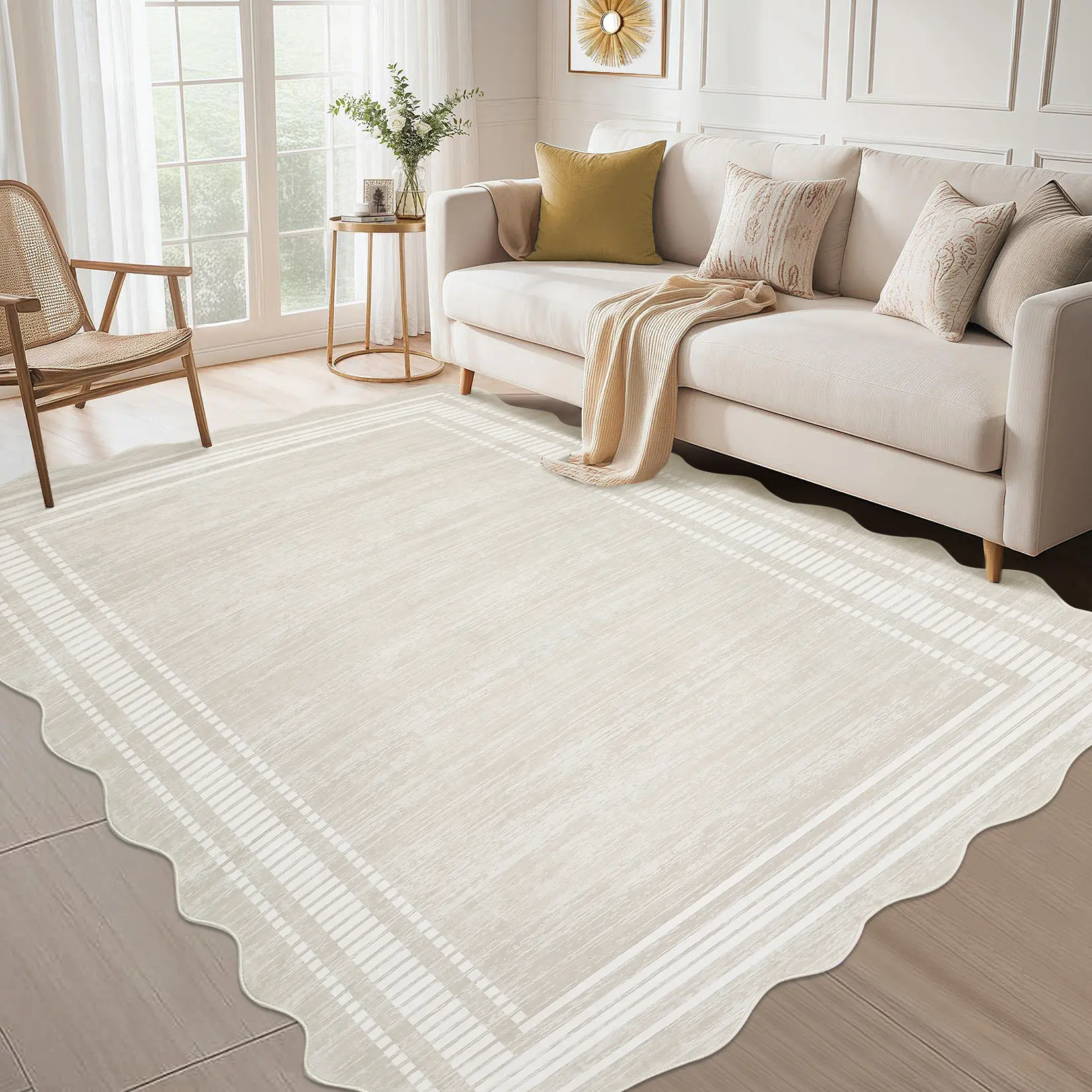1PC Modern Solid Color Wavy Edge Carpet for Room Accessory Thin Soft Washable Area Rug for Bedroom Living Room Indoor Easy Care Low Pile Non Slip Floor Carpet Bathroom Runner Rug - White
