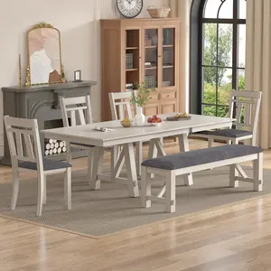 VECELO 6-Piece Solid Wood Dining Table Set, 66"-93" Extendable Large Dining Table with 4 Upholstered Chairs & 1 Long Bench for 6-8 People Space-Saving Dining Room Furniture
