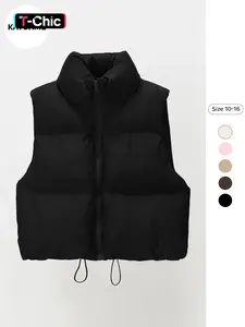 Casual Fall & Winter Solid Woven Stand Collar Zip-Up Zipper Cropped Cotton Drawstring Coat Vest