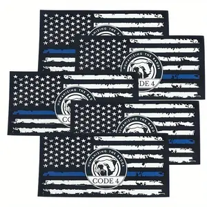 5PC,Only Sticker American Flag Thin Blue Line Vinyl Sticker- Patriotic Car Decal, Respect Law Enforcement, Matte Finish, Black and White and Blue Stripes, with 'CODE 4' Badge, Suitable for Car Windows and Bumpers, Car Badge and Emblem usa line flag decal