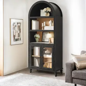 72" Wood Arched Cabinet, Modern Bookcase with Floating Shelves, Kitchen Storage Organizer, Home Display Cupboard, Minimal Furniture for Living Room