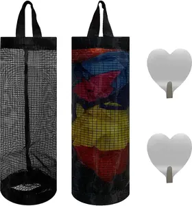 2 Pcs Plastic Bag Holder Trash Bags Storage Dispenser Organizer for Home Kitchen Mesh Hanging Storage Dispensers Recycling Garbage Folding Hanging Storage Bag Grocery Bags Holder with 2 Hooks (Black)