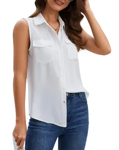 Women's Sleeveless Button-down Shirt Solid Color Casual Vest Loose V-neck Underwear Lady Comfort Basic Fitted Minimalist Business Blouse Workwear