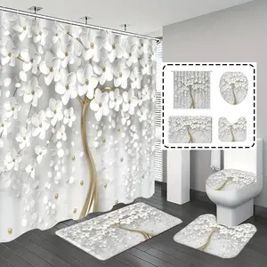 [Popular Choice]1pc/4pcs, bathroom curtains shower, bathroom set, shower curtains, bathroom rug, home decoration, bathroom mat, white flower pattern, simple and luxurious theme decoration, bathroom set, with 12 hooks.