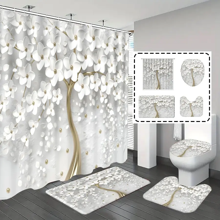 1pc/4pcs, Bathroom Decoration Accessories, Restroom, bathroom set, shower curtains, bathroom rug, bathroom mat, white flower pattern, Floral shower curtain, Decorative Shower Curtain, simple and luxurious decoration, with 12 hooks, Shower Curtain Sets