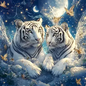 Winged White Tigers Under Starry Moonlit Sky，Multiple sizes available including square and round diamonds. This 5D DIY diamond painting set diamond art embroidery kit handmade furniture decor holiday birthday art personalized gift.