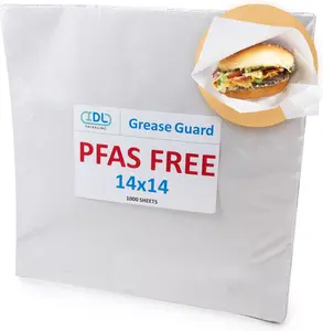 IDL Packaging 14" x 14" PFAS-Free Grease-Proof Paper Sheets, Pack of 1000, White - Microwave Safe Food Tray Liners - Grease-Absorbing Wrapping Paper for Sandwiches, Cheeses, Hamburgers, etc.