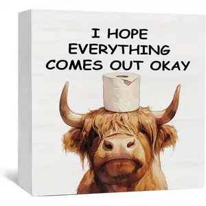 Funny Highland Cow Bathroom Wooden Box Signs, Funny Cow Bathroom Decor, I Hope Everything Comes Out Okay Wood Decoration Bath Room Decor for Washroom Toilet Counter Shelf Table 5x5 Inch Decorative Signs & Plaques Bathroom Decorations Wooden Home Sign