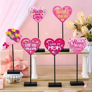 6 Pcs Mother's Day Table Decorations Happy Mother's Day Wooden Table Centerpiece Mother's Day Wooden Plaque Signs for Birthday Party Supplies Tabletop Ornaments Mom Anniversary Presents