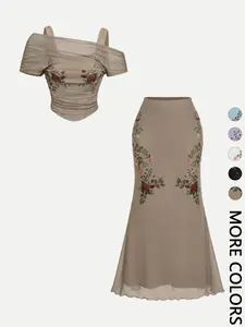 2 Piece Floral Print Off Shoulder Top and Midi Skirt Set for Women,  Figure Flattering Matching Outfit for Date Night Beach Vacation Wedding Guest Brunch Party, Trendy Coquette Cottagecore Romantic Fairy Aesthetic