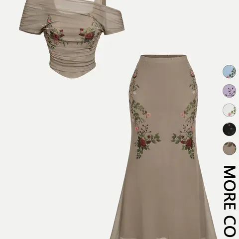 2 Piece Trendy Romantic Fairy Floral Print Off Shoulder Top and Midi Skirt Clothes Set for Women, Figure Flattering for Date, Vacation and Wedding