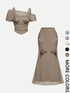2 Piece Floral Print Off Shoulder Top and Midi Skirt Set for Women,  Figure Flattering Matching Outfit for Date Night Beach Vacation Wedding Guest Brunch Party, Trendy Coquette Cottagecore Romantic Fairy Aesthetic