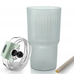 DWTS DANWEITESI 22oz Ribbed Glass Tumbler with Straw and Lid 700ml Reusable Iced Coffee Cup for Cold Beverages Portable and Washable Drinkware Mug for Christmas Birthday Gifts, leakproof