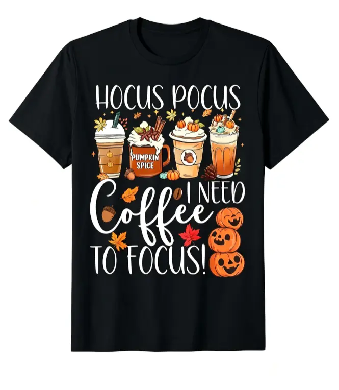 Men's Classic Short-Sleeve Knit T-Shirt, Autumn Pumpkin Teacher Tops Garment with "I Need Coffee to Concentrate" Funny Meme Print, Retro Casual Round-Neck,clothes for back to school,first day of school outfits