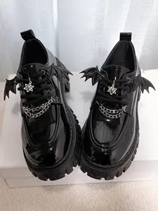 Gothic Style Chunky Heel Chain Decor Wings Buckle Thick Sole Shoes for Women, Versatile Fashion Mirror Surface Sneakers