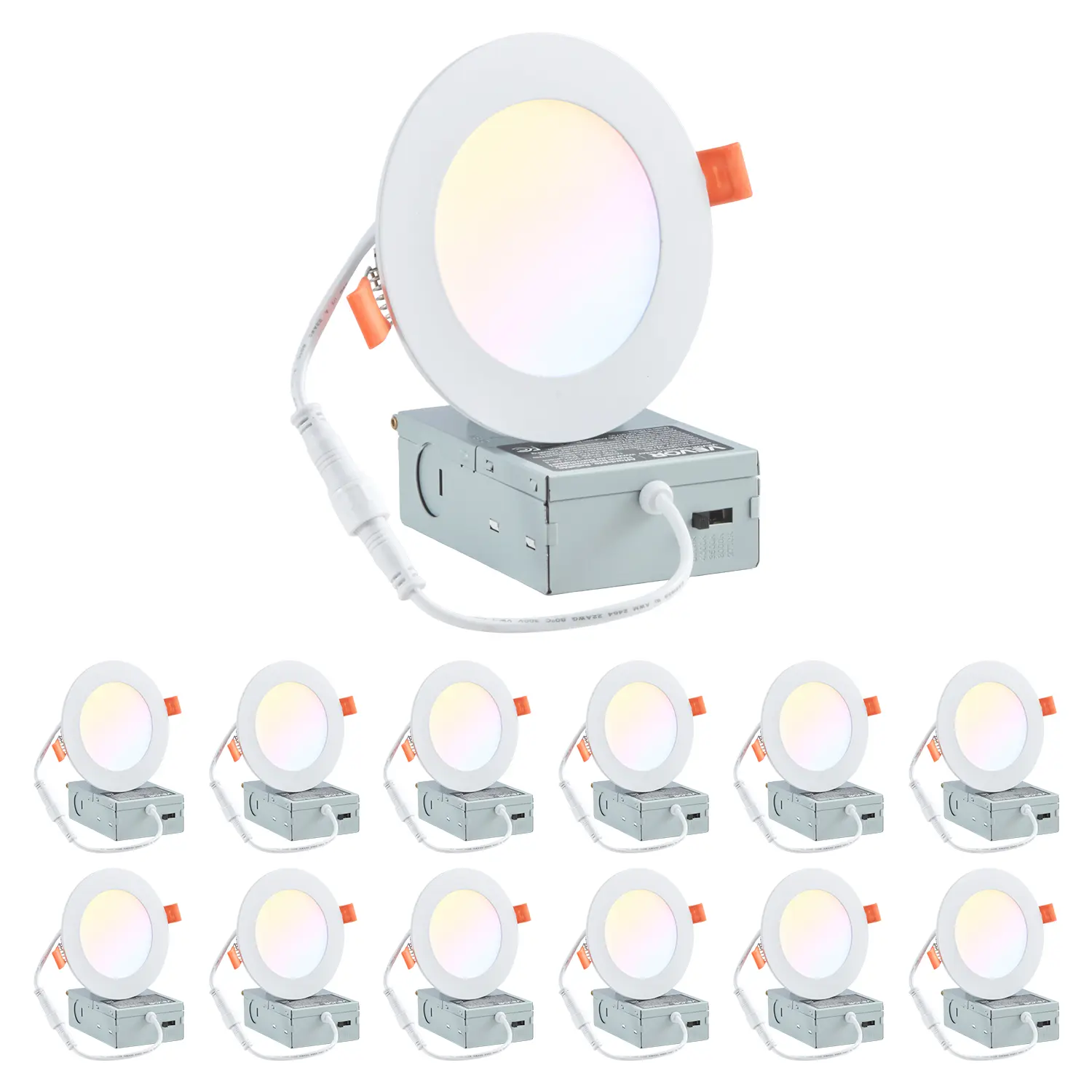 VEVOR 12 Pack 4 Inch LED Recessed Ceiling Light 5CCT Ultra-Thin Canless Wafer Downlight with Junction Box 2700K-5000K Selectable 800 LM 9W 120V for Home Lighting