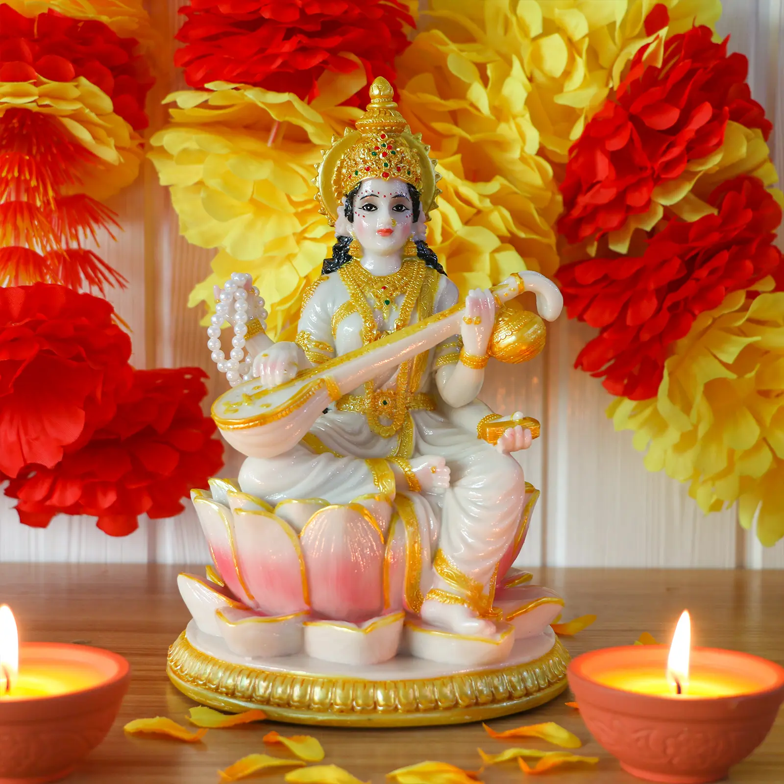 alikiki Big Hindu Goddess Saraswati Statue - 8.7”H Marble Look Indian Idol Saraswati Figurine India Diwali Murti Pooja Sculpture Home Office Temple Mandir Puja Item Altar Shrine Spiritual Decor