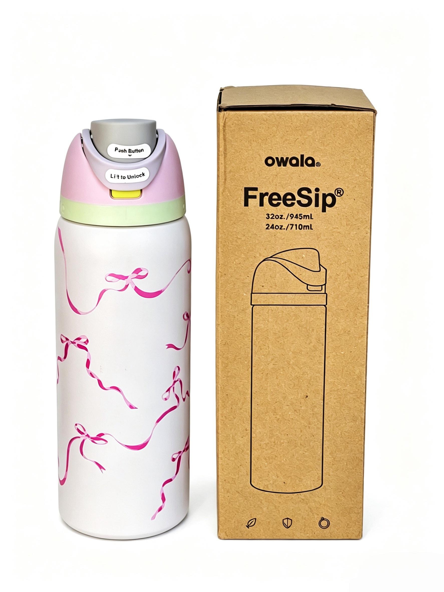 Owala 32oz  Pink Ribbon Stainless Steel Thermos Cup - Dual Drinking Holes Design, Choose Between Sipping Tube or Direct Drinking! One-click to pop open + hidden handle. Suitable for commuting, office use, and outdoor activities.