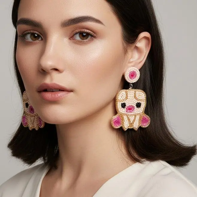 Handmade Piggy Earrings with Beadwork.