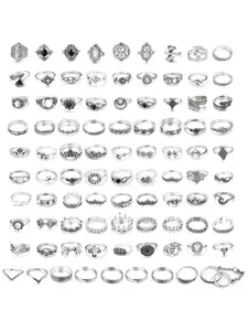90 Pcs Vintage Silvery Stackable Ring Set for Women Men Bohemian Retro Midi Knuckle Rings Pack Hypoallergenic Alloy with Floral Geometric Snake Moon Patterns Punk Boho Style Jewelry Perfect for Daily Outfits Parties Gifting