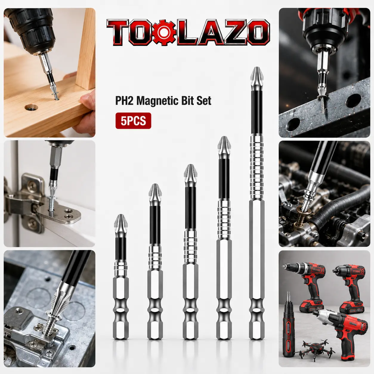 TOOLAZO 5PCS PH2 Magnetic Screwdriver  Set, Anti-Slip Serrated S2 Steel Phillips Drill  with 1/4 in Hex Shank, 50/65/70/90/150mm Driver  for Impact Drivers, Power Drills, Furniture Assembly and DIY Repair carbide burr diamond segs heavy duty angle wheel