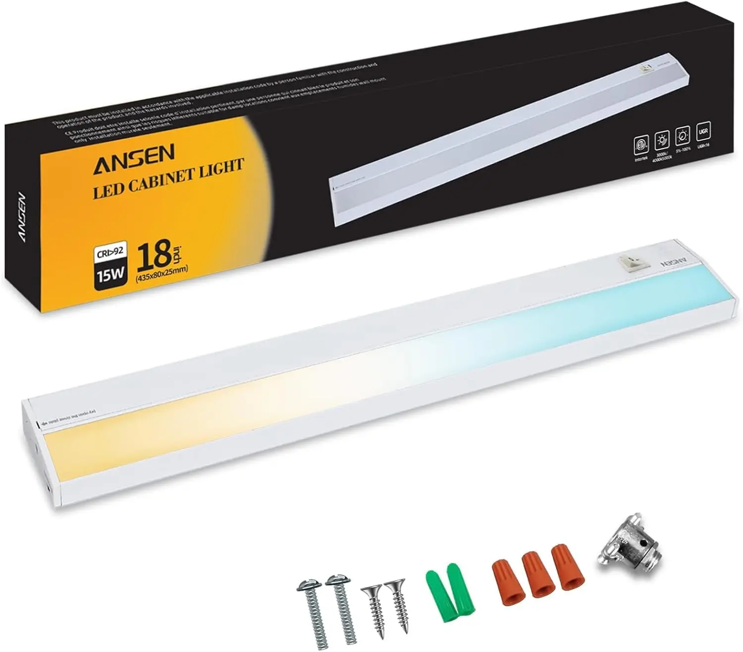 Hardwired Under Cabinet Lighting, 18inch 15W LED Light for Kitchen/Closet, 998.4lm, CRI>92, R9>90, Dimmable, 5 Color Temperature, 2700K-5000K(Warm White, Cool White, Daylight)