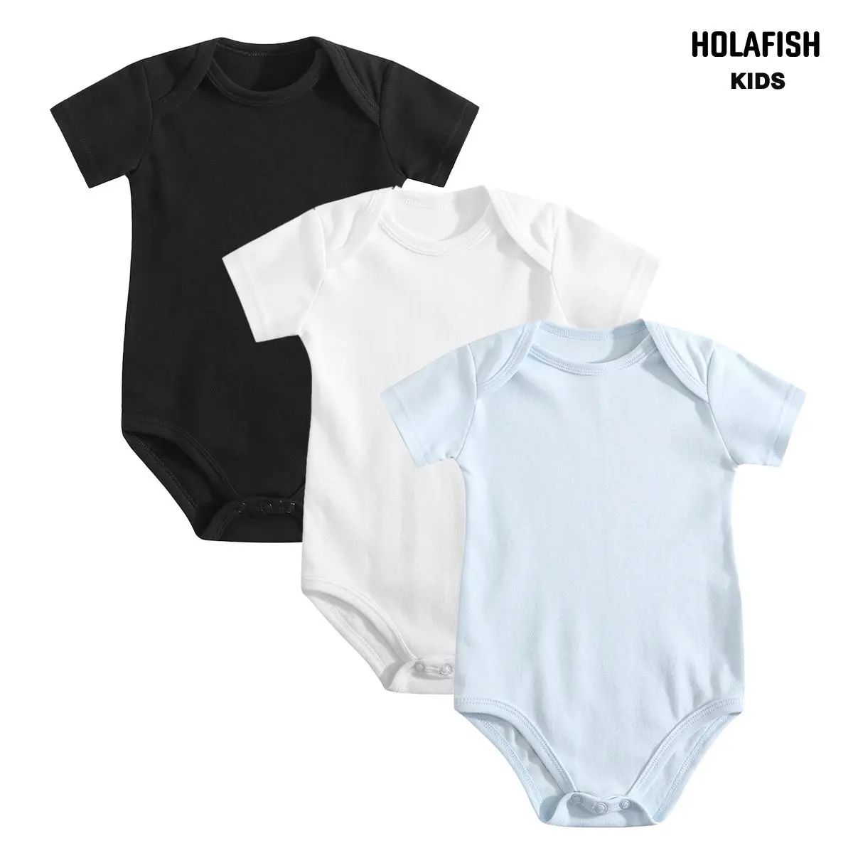 Holafish 3-Pack Unisex Infant Bodysuits, 100% Cotton Solid Short-Sleeve Breathable Onesies with Snap Buttons