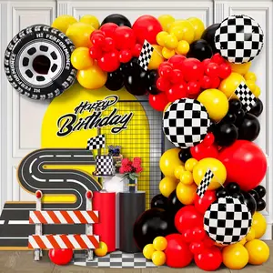 98pcs Yellow Black Car Theme Balloon Garland Kit, with Black and White Grid Tire Foil Balloons, for Racing Birthday Party Supplies, Men'S  Single Party Outdoor Carnival Decoratio