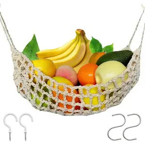 Hanging Fruit Hammock Under Cabinet, 13×16in Macrame Fruit Basket with 4 Hooks Storage Net for Banana Veggie for Kitchen Home Boat RV Beige