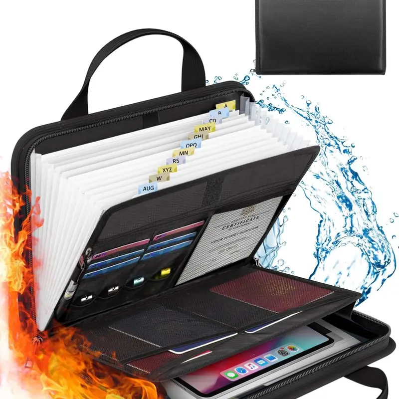 Fireproof Important Document Organizer Folio - 13-Pocket Accordion File Folder with Zipper, Labels, Versatile Organized Storage for Business Office, Safe and Organized Solution for Travelers