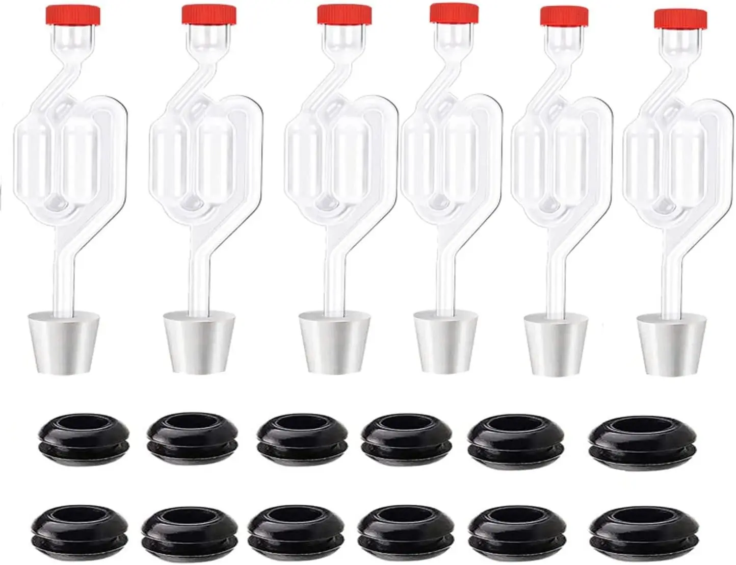 Twin Bubble Airlock Set [6 Pack], Brew Kits Airlocks for Fermenting,Fermentation Airlock with 6 Stoppers + 12 Grommets