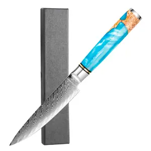 5-inch Damascus steel multifunctional knife, ultra sharp high carbon stainless steel, blue resin handle, fruit and vegetable cutting multifunctional peeler, premium gift box