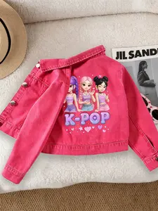 Girls' Casual Fashion Denim Jacket, Sweet Cool Kpop Pattern Print, Comfortable Fit, Suitable for School and Dates, Ages 12 and Under, Print Coat