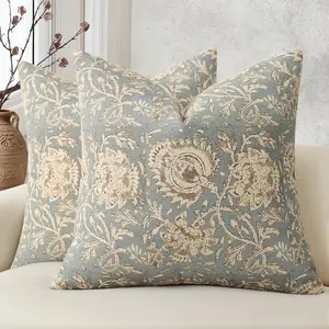 Vintage Floral Print Throw Pillow Covers 18x18 Set of 2 Neutral Modern Farmhouse Pillowcases Accent Decorative Cushion Covers Boho Home Decor for Couch Sofa Chair Bed Living Room, Sky Blue