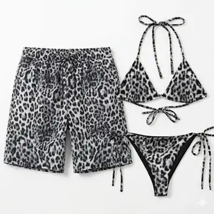 Grey Leopard Couple Swimsuit  2-Piece Women's Bikini + Men's Summer Shorts  Matching Safari Beachwear Set, Bikini Set