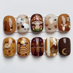AuréNails - Woodland Fall Press On Nails, Autumn Forest Nail Art, Fox And Mushroom Nail Set, Cozy Brown Plaid Nails, Harvest Scarecrow Nail Design