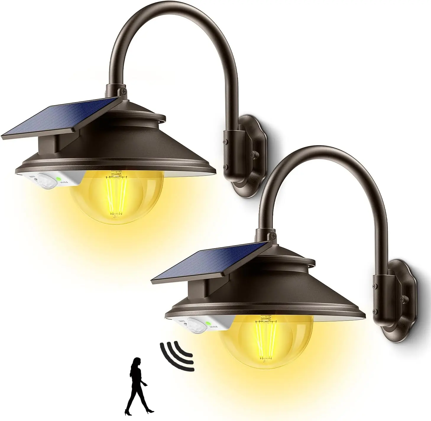 Solar Barn Light Outdoor 3 Modes 2 Lighting, Garage Shed Light Gooseneck Farmhouse Wall Light  with Remote/Motion Sensor for Garage Barn Shed Chicken Coop Dark Bronze (2 Pack)