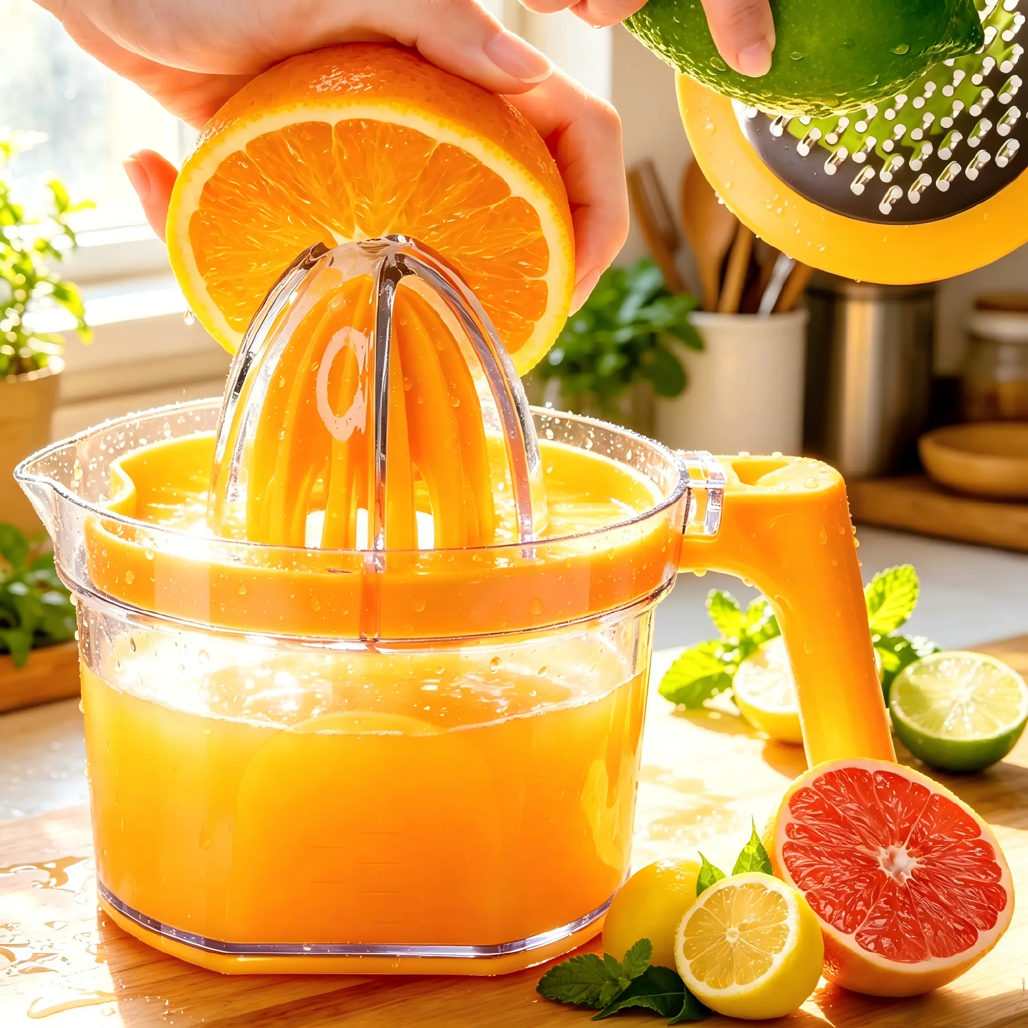 Multi-Functional Manual Citrus Juicer Cup,Citrus Lemon Orange Grapefruit Juicer Manual Squeezer,4-in-1Multi-Function Manual Juicer with Built-in Measuring Cup and Grater