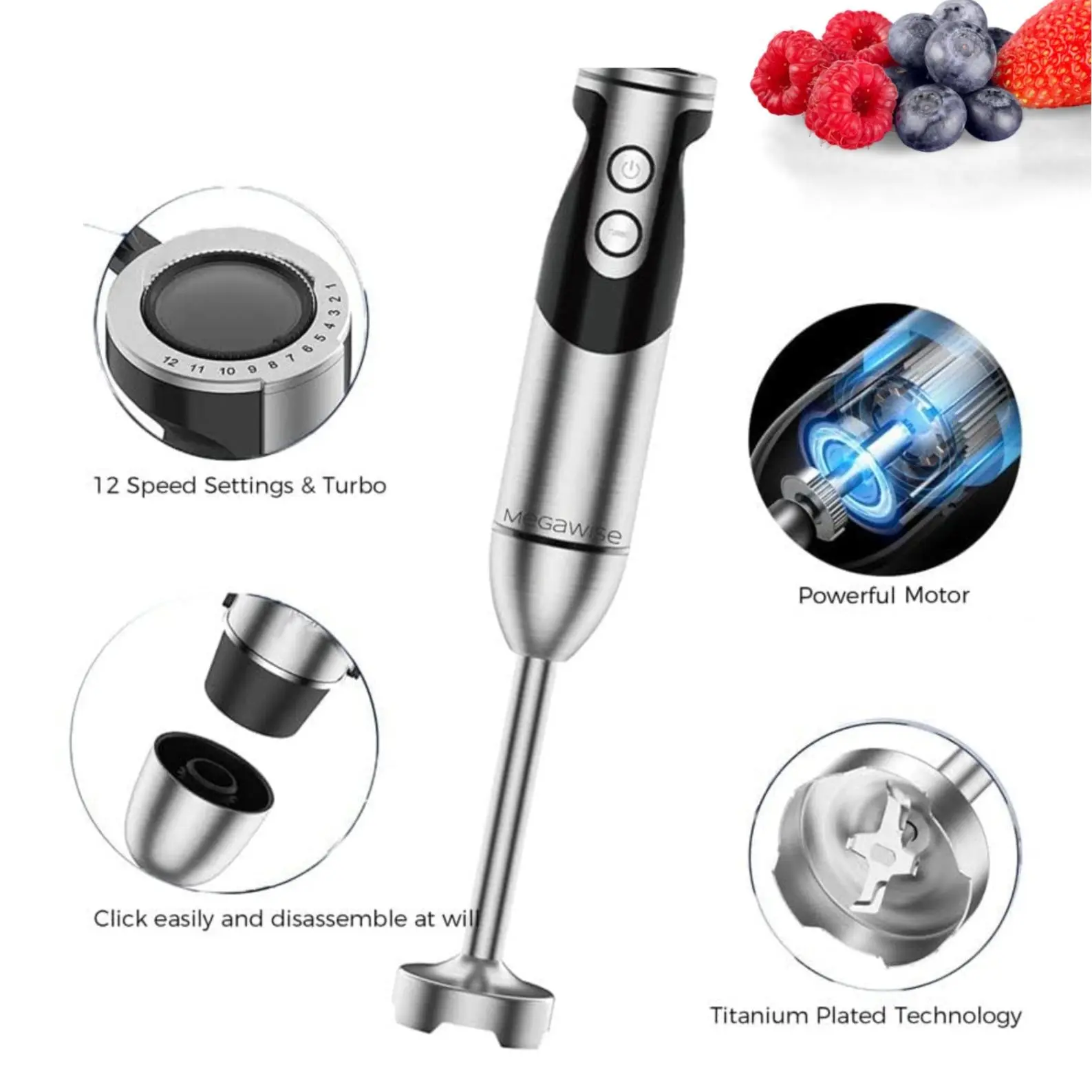 MegaWise Pro Titanium Reinforced 3-in-1 Immersion Hand Blender, Powerful Copper Motor with 80% Sharper Blades, 12-Speed Corded Blender, Including Dish Washer Safe Whisk and Milk Frother home kitchen kitchen appliance