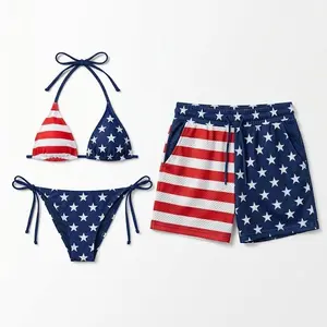USA Independence Day Couple Swimwear Set, Stars and Stripes Color Block Bikini with Mesh Shorts, Gift for Boyfriend Girlfriend
