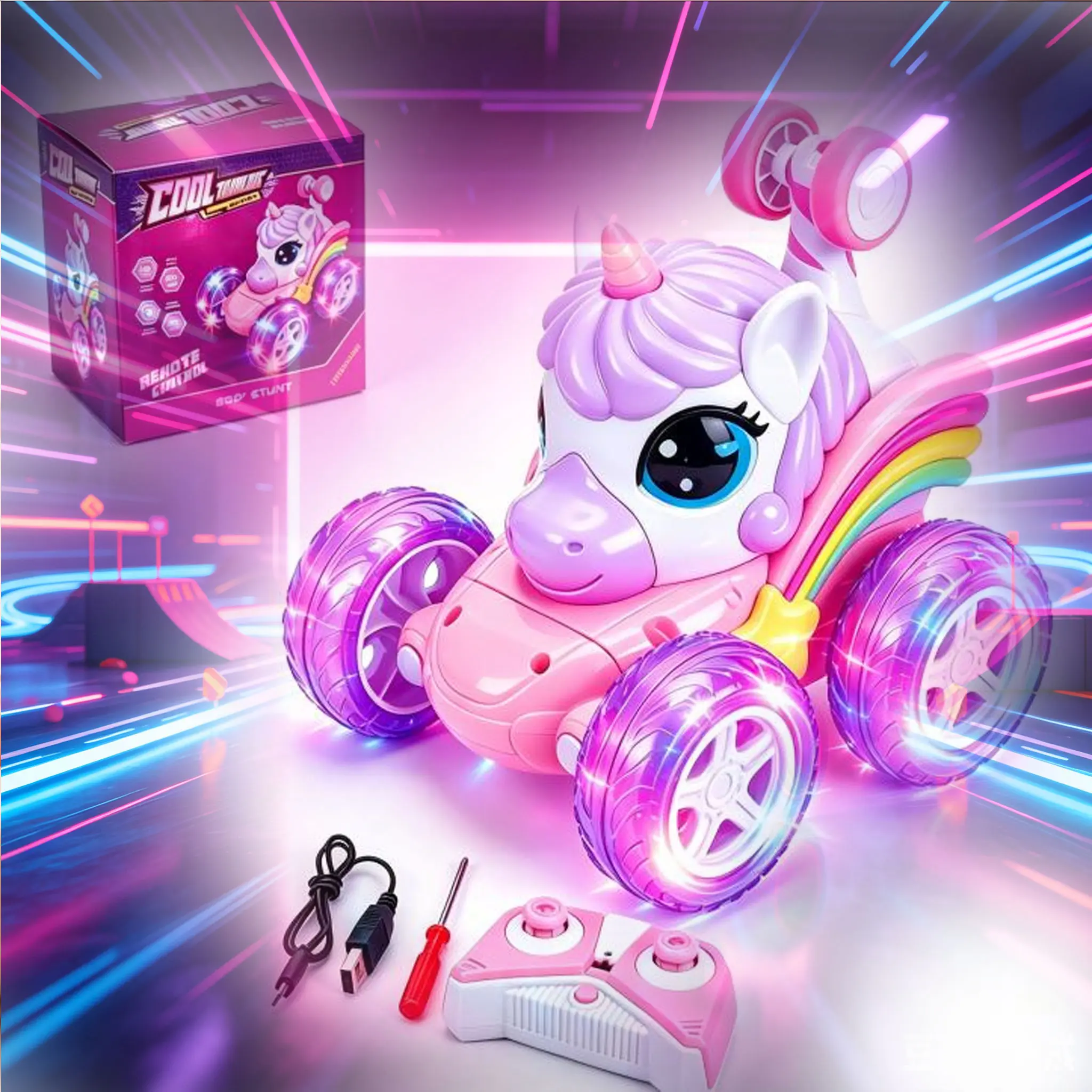 Driving RC Stunt Car, 360 Flip Unicorn Toy Vehicle, 2.4GHz Rechargeable 4WD Off Road Car with Flashing LED Wheels for Kids,mater toy car kid,fun interactive toy,model collection gift,collectible model car