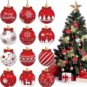 OPUUENT 【Christmas Tree Not Included】Christmas Wooden Ornaments Set 12 Pcs – Red & White Hanging Ball Decorations with Merry Christmas, Snowflake, Reindeer & Santa Designs for Holiday Tree, Home, and Partyécor