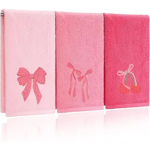 3 Pcs Pink Hand Towels for Bathroom Coquette Bow Embroidered Decorative Towel 100% Cotton Soft Absorbent Kitchen Facecloth Preppy Bathroom Decor Bridal Shower Wedding Gift 13.7 x 29.5''