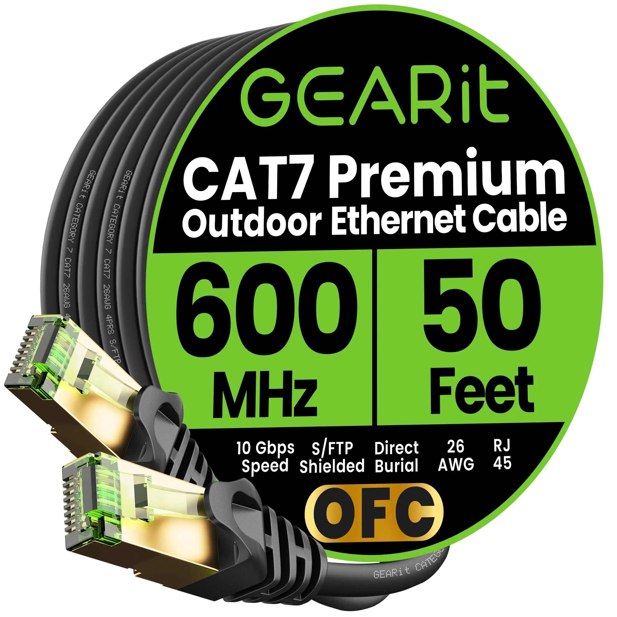 GearIt Cat7 Outdoor SFTP Shielded Foil Twisted Pair High-Speed Ethernet Patch Cable - 600 MHz, Waterproof PVC Jacket, Black, Direct Burial, 75ft/100ft/150ft/200ft, for Network Connectors, Laptops, Gaming Consoles