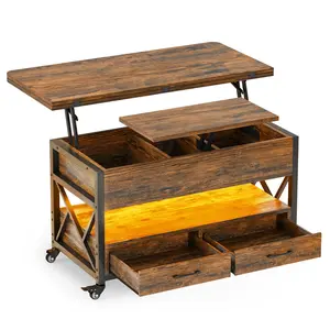 40 Inches Lift Top 4 in 1 LED Coffee Table with 2 Drawers Brown