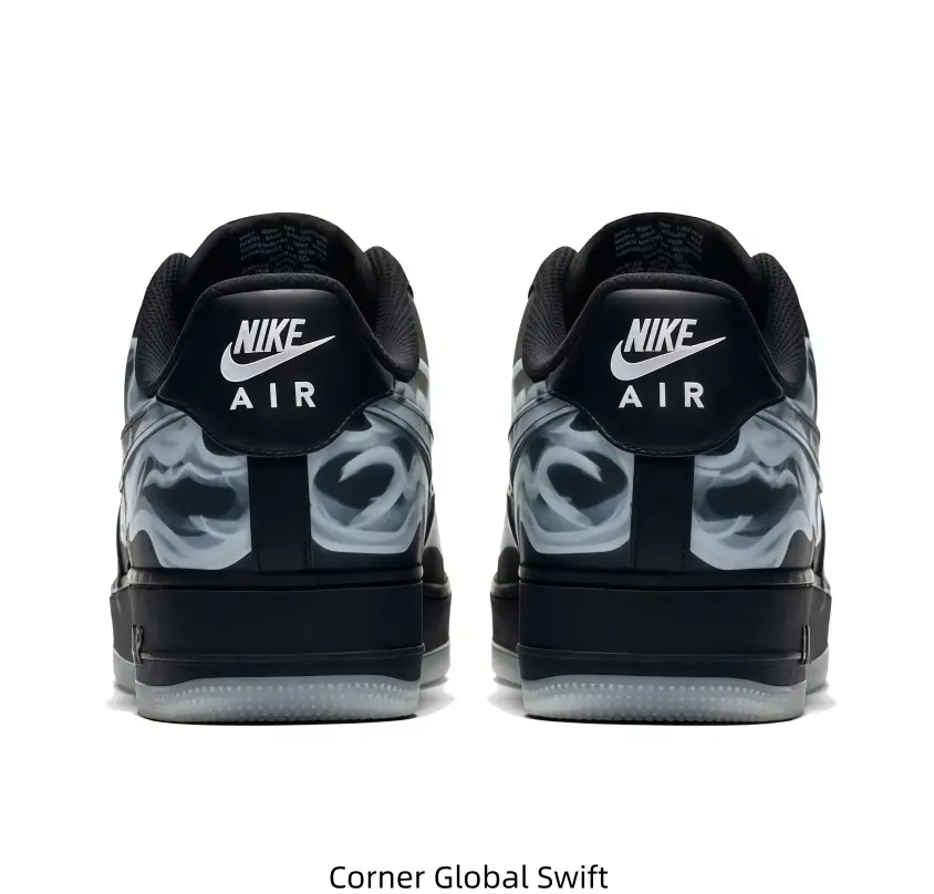 Black Low-Top Casual Sneakers with White Skeleton Print, Leather & Rubber Material, Halloween-Themed Streetwear Style