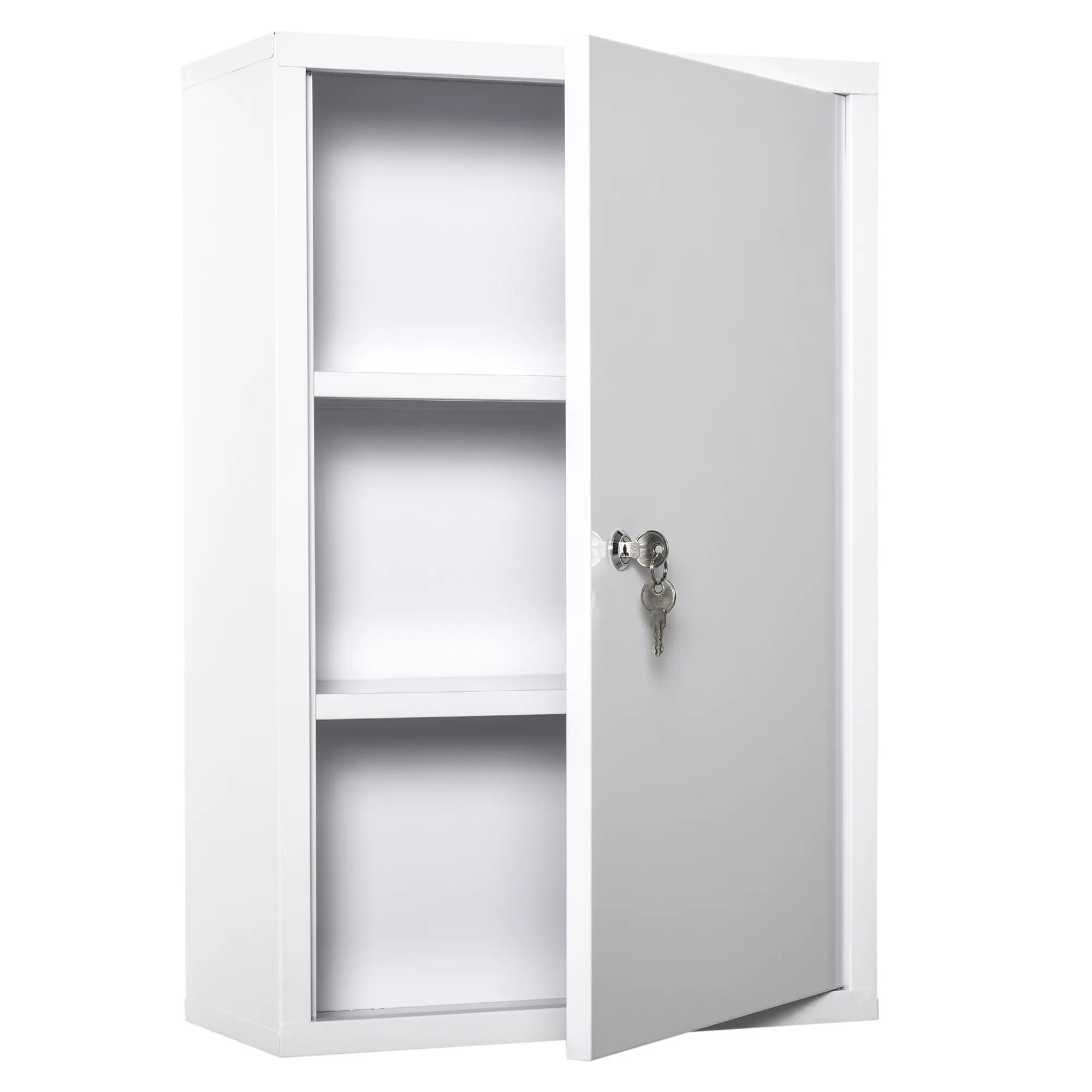 Lockable Medicine Cabinet with 2 Keys – 3-Tier Steel Storage for Pills, Prescriptions & First Aid. Water & Rust-Resistant. Wall-Mounted Saves Space. Holds 11 lbs. White
