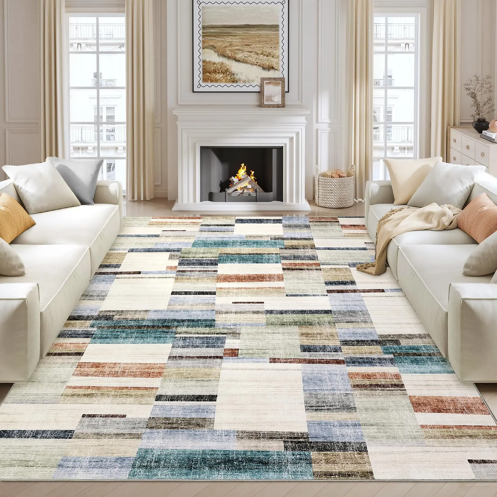 Garvee Washable Rug 10x13 Area Rug for Bedroom Farmhouse Geometric Living Room Rug Non Slip Large Area Rug Low Pile Throw Rugs Stain Resistant Carpet for Dining Room Multi 10'x13'